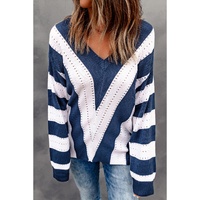 Blue Striped Colorblock V Neck Knitted Sweater - L thumbnail