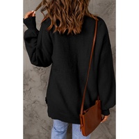 Black Solid Color Puffy Sleeve Pocketed Sweater - L thumbnail
