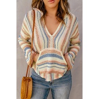 Multicolor Striped Knit Kangaroo Pocket Hooded Sweater - S thumbnail