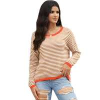 Brown Contrast Trimmed Striped Drop Shoulder Sweater - M thumbnail