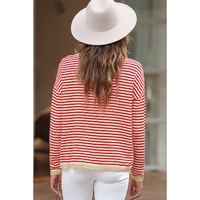 Fiery Red Contrast Trimmed Striped Drop Shoulder Sweater - S thumbnail