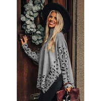 Gray Leopard High Neck Side Slit Oversized Sweater - S thumbnail