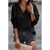 Black V Neck Ribbed Drop Shoulder Hooded Sweater - M thumbnail