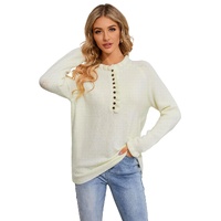 Beige Frill Trim Buttoned Knit Pullover Sweater - L thumbnail