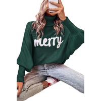 Blackish Green Merry Letter Embroidered High Neck Sweater - S thumbnail