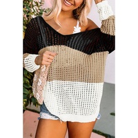 Black Color Block Eyelet Long Sleeve Twisted Back Knit Top - L thumbnail