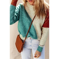 Multicolor Colorblock Ribbed Trim Round Neck Sweater - M thumbnail