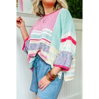 Pink Color Block Striped Three-Quarter Sleeve Knitted Top - L thumbnail