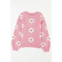 Pink Floral Pattern Drop Shoulder Sweater - S thumbnail