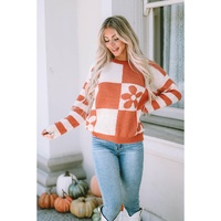 Brown Checkered Floral Print Striped Sleeve Sweater - S thumbnail