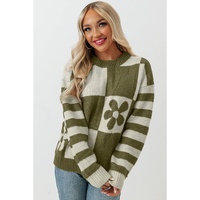 Green Checkered Floral Print Striped Sleeve Sweater - S thumbnail