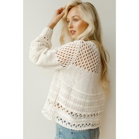 White Solid Color Pointelle Knit Puff Sleeve Sweater - L thumbnail