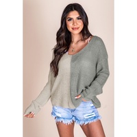 Azura Exchange Gray Long Sleeve V-Neck Colorblock Sweater - M thumbnail