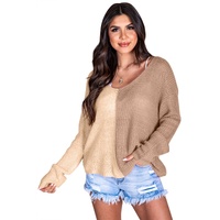 Khaki Long Sleeve V-Neck Colorblock Sweater - XL thumbnail