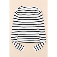 Stripe Collared V Neck Lightweight Knit Casual Sweater - S thumbnail