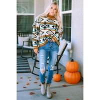 Brown Aztec Striped Knit Ribbed Trim Sweater - M thumbnail