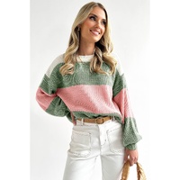 Green Colorblock Drop Shoulder Pullover Loose Sweater - L thumbnail