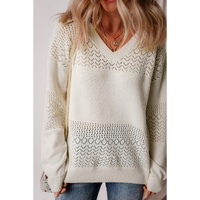 White Eyelet Pattern Detail V Neck Drop Shoulder Sweater - XL thumbnail