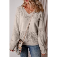 Brown Eyelet Pattern Detail V Neck Drop Shoulder Sweater - 2XL thumbnail