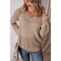 Camel Eyelet Pattern Detail V Neck Drop Shoulder Sweater - 2XL thumbnail