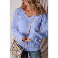 Sky Blue Eyelet Pattern Detail V Neck Drop Shoulder Sweater - S thumbnail