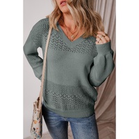 Mist Green Eyelet Pattern Detail V Neck Drop Shoulder Sweater - S thumbnail