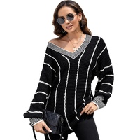 Black Colorblock Striped V Neck Knitted Loose Sweater - 2XL thumbnail