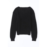 Black Ribbed Knit V Neck Sweater - L thumbnail