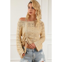 Khaki Hollowed Knit Asymmetric Drawstring Sweater - L thumbnail