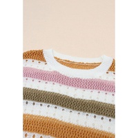Multicolor Striped Hollowed Knitted Loose Sweater - L thumbnail