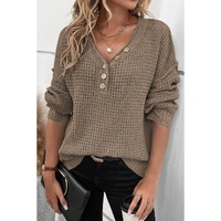 Khaki Pointelle Knit Button V Neck Drop Shoulder Sweater - XL thumbnail