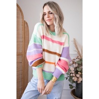 Multicolor Striped Colorblock Drop Shoulder Sweater - L thumbnail