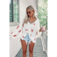 White Floral Print Lightweight Knit Hooded Sweater - S thumbnail