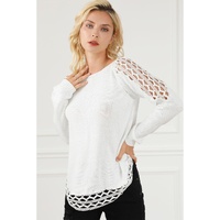 White Solid Scoop Neck Hollow Out Sweater - S thumbnail