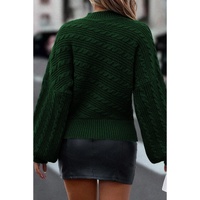 Blackish Green Mock Neck Lantern Sleeve Cable Knit Sweater - XL thumbnail