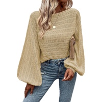 Apricot Lantern Sleeve Eyelets Textured Knit Sweater - S thumbnail