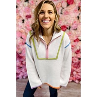 White Colorful Edge Quarter Zip Drop Shoulder Sweater - L thumbnail