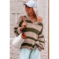 Green Striped Colorblock Knit V Neck Loose Fit Sweater - L thumbnail