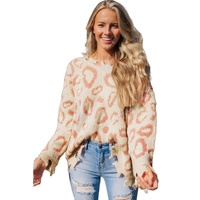 Leopard Animal Print Distressed Trim Fuzzy Sweater - L thumbnail