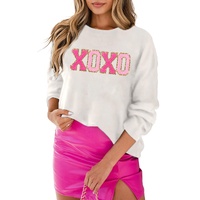 White XOXO Glitter Print Round Neck Casual Sweater - L thumbnail