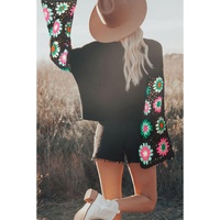 Black Floral Crochet Bell Sleeve Loose Sweater - M thumbnail
