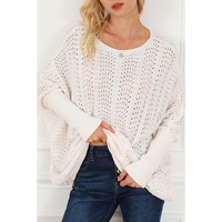 Beige Ribbed Hollow Knit Dolman Sleeve Sweater - S thumbnail