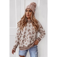 Brown Two-tone Ribbed Trim Contrast Leopard Sweater - S thumbnail
