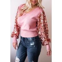 Pink Contrast Sequin Sleeve V Neck Ribbed Knit Sweater - M thumbnail