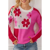 Rose Red Floral Mixed Color Block Sweater - S thumbnail