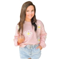 Pink Chenille Daisy Stitching Crew Neck Sweater - L thumbnail