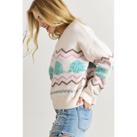 White Striped Christmas Tree Ribbed Trim Drop Shoulder Sweater - L thumbnail