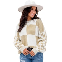 Flaxen Checkered Print Drop Shoulder Sweater - L thumbnail