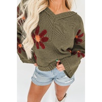 Sage Green Flower Knit Ribbed Trim V Neck Sweater - S thumbnail
