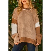 Light French Beige Color Block Contrast Stitch Oversized Sweater - M thumbnail
